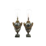 A PAIR OF LARGE GILT BLUE-VEINED MARBLE LOUIS XVI STYLE LAMPS