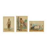 THREE COMPANY SCHOOL-STYLE PORTRAITS OF INDIAN VILLAGE MEN Possibly Patna, Northern India or Tamil N