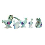 FIVE HEREND PORCELAIN GREEN FISHNET ANIMAL FIGURES, 20TH CENTURY