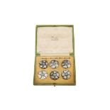 A cased set of six Edwardian 'Arts and Crafts’ sterling silver and turquoise buttons, Birmingham 190