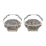 A pair of mid-19th century Chinese export unmarked silver filigree and enamel baskets, Canton circa