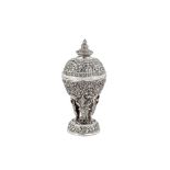 A mid-20th century Cambodian unmarked silver covered bowl on stand (Tok), circa 1940-60