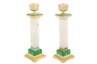 A pair of late 20th century Italian 800 standard silver gilt, malachite and rock crystal candlestick