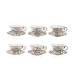 A set of six mid-20th century Vietnamese silver tea cups and saucers, Hanoi circa 1960