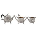 A heavy Edwardian sterling silver ‘Teniers’ three-piece tea service, London 1904 by Sydney Bellamy H