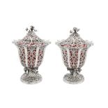A pair of Victorian sterling silver sugar or preserve vases, Birmingham 1847 by Robinson, Edkins and