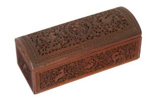 A CARVED AND PIERCED SANDALWOOD LIDDED BOX WITH KALINGA NARDHANA Mysore, Karnataka, Southern India,