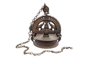 AN INDIAN COPPER ALLOY DEVOTIONAL VILAKKU OIL LAMP WITH GAJALAKSHMI India, 19th century