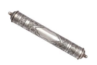 A REPOUSSÉ SILVER SCROLL HOLDER Possibly Turkey or India for the Turkish market, 20th century