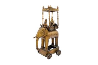 AN INDIAN MONUMENTAL BRASS TEMPLE TOY ELEPHANT CHARIOT WITH ITS HOWDAH (COVERED BACK CARRIAGE) Mahar