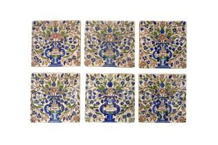 EIGHTEEN QAJAR POLYCHROME-PAINTED DECORATIVE ARCHITECTURAL POTTERY TILES Qajar Iran, late 19th centu