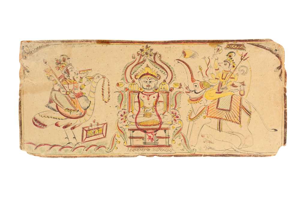 AN ILLUSTRATED PAGE FROM A JAIN MANUSCRIPT: THE WORSHIP OF A TIRTHANKARA BY TWO HINDU GODS Possibly