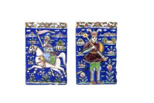 TWO QAJAR POLYCHROME-PAINTED AND MOULDED POTTERY TILES Late Qajar Iran, ca. 1880 - 1920