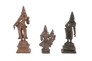 THREE MINIATURE SOUTH INDIAN BRONZE FIGURINES OF UMA / PARVATI Tamil Nadu, Southern India, 17th - 18