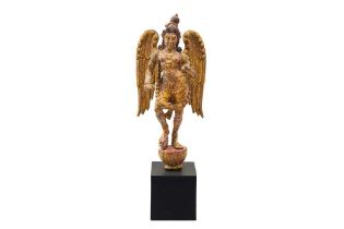 A CARVED WOODEN GILT AND POLYCHROME-PAINTED STATUE OF A WINGED APSARA Possibly Karnataka or Tamil Na