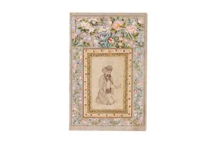 A QAJAR ILLUSTRATED MURAQQA' ALBUM PAGE WITH SHAH ABBAS I'S SEATED PORTRAIT Possibly Iran and India,