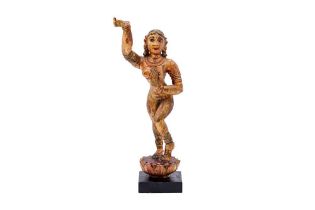 A CARVED WOODEN GILT AND POLYCHROME-PAINTED YAKSHINI STATUE Possibly Karnataka or Tamil Nadu, Southe