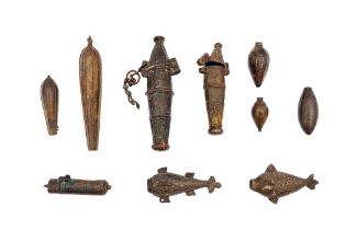 TEN INDIAN BRONZE BOTTLES AND ESSENCE HOLDERS India, 18th and 19th centuries