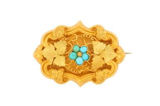 A TURQUOISE AND HAIRWORK MOURNING BROOCH, LATE 19TH CENTURY