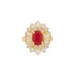 A RUBY AND DIAMOND CLUSTER RING