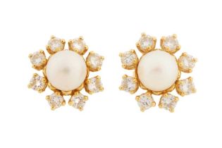 A PAIR OF CULTURED PEARL AND DIAMOND EARRINGS