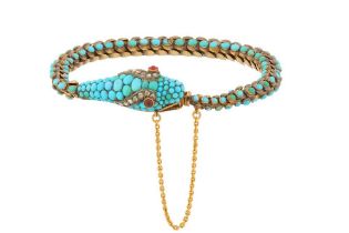 A DIAMOND, TURQUOISE AND RUBY SNAKE BRACELET