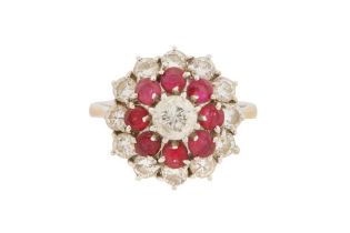 A DIAMOND AND RUBY CLUSTER RING