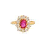 A RUBY AND DIAMOND CLUSTER RING