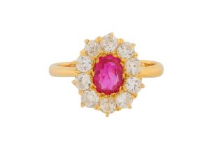 A RUBY AND DIAMOND CLUSTER RING