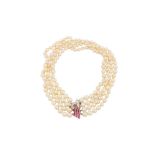 A FOUR-STRAND CULTURED PEARL, RUBY AND DIAMOND CHOKER