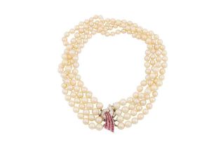 A FOUR-STRAND CULTURED PEARL, RUBY AND DIAMOND CHOKER