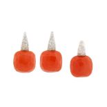 A CORAL AND DIAMOND PENDANT AND EARRING SUITE BY POMELLATO