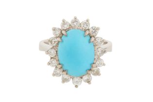 A TURQUOISE AND DIAMOND CLUSTER RING