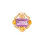 AN AMETHYST, CITRINE AND DIAMOND BROOCH/PENDANT