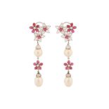 A PAIR OF CULTURED PEARL, RUBY AND DIAMOND EARRINGS