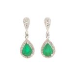 A PAIR OF EMERALD AND DIAMOND PENDENT EARRINGS