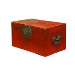 A SMALL CHINESE WOOD RED-PAINTED BOX