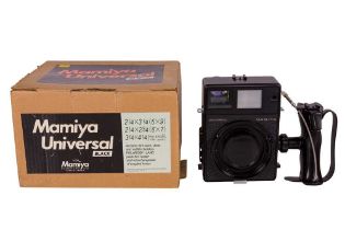 A Black, 2-Lens Mamiya Universal Outfit, Body Boxed.