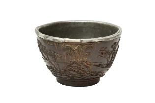 A FINE CHINESE CARVED COCONUT CUP 清十八世紀 椰殼刻山水圖紋盃