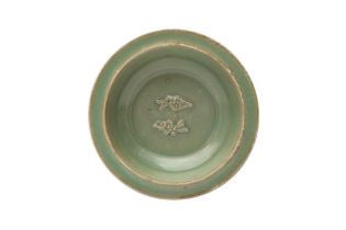 A CHINESE LONGQUAN CELADON 'TWIN FISH' DISH 南宋或元 龍泉青釉雙魚紋折沿盤