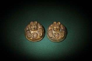 A PAIR OF CHINESE GILT-BRONZE 'BEAR' MAT WEIGHTS 漢 銅鎏金熊形席鎮