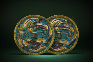 A PAIR OF CHINESE GILT-BRONZE CLOISONNÉ ENAMEL 'PHOENIX' MIRRORS 清 銅胎掐絲琺瑯鳳紋鏡