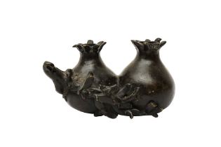 A CHINESE BRONZE 'POMEGRANATE' WATER POT 明 褐釉石榴洗