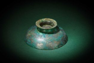 A CHINESE BRONZE SILVER-INLAID RITUAL VESSEL LID, DOU 春秋 青銅錯銀豆