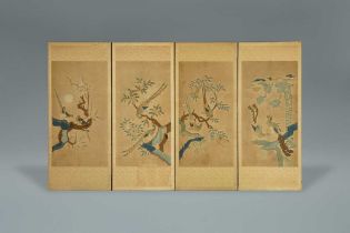 A RARE PAIR OF KOREAN EMBROIDERED 'SUN AND MOON, BIRDS AND FLOWERS' SCREENS 자수 일월화조도 병풍 조선시대 19세기 후반