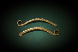 A PAIR OF CHINESE GOLD- AND SILVER-INLAID HORSE BIT FITTINGS 戰國 錯金銀青銅帶鈎一對