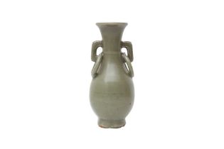 A CHINESE LONGQUAN CELADON-GLAZED TWIN-HANDLED VASE 元 龍泉青釉環耳瓶