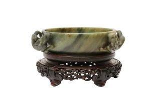 A CHINESE JADE 'CHILONG' BRUSH WASHER 清十九世紀 碧玉螭龍洗