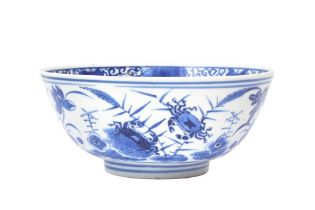 A CHINESE BLUE AND WHITE 'CRAB AND LOTUS POND' BOWL 清康熙 青花蓮池蟹紋盌 《宣德年製》款