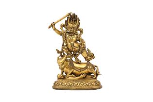 A SINO-TIBETAN GILT-BRONZE FIGURE OF YAMANTAKA 清十八世紀 銅鎏金神像